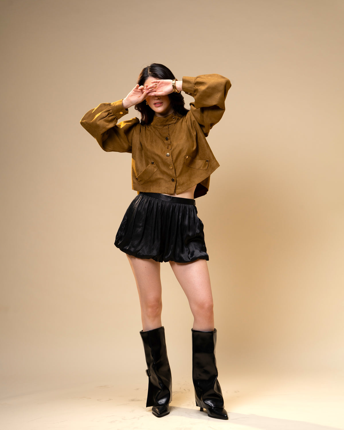 Hazel Stone Black Medium-Waisted Bubble Shorts with Voluminous Silhouette