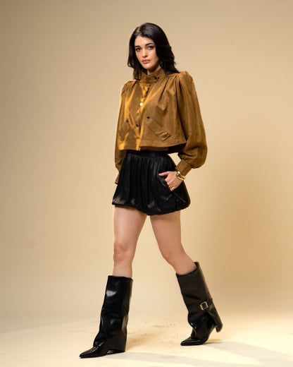 Hazel Stone Black Medium-Waisted Bubble Shorts with Voluminous Silhouette