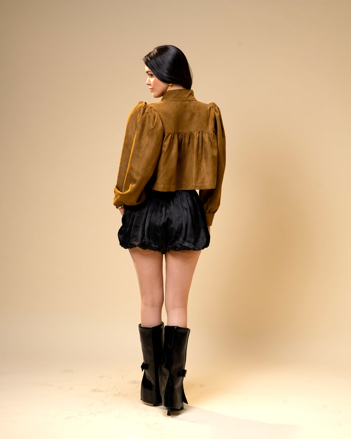 Hazel Stone Olive brown cropped Jacket and Black Bubble Shorts Co-Ord Set