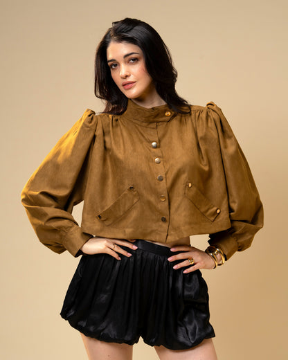 Hazel Stone Olive brown cropped Jacket and Black Bubble Shorts Co-Ord Set