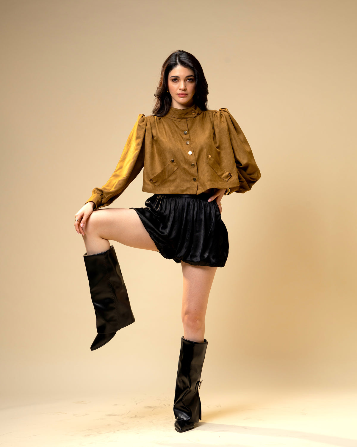 Hazel Stone Black Medium-Waisted Bubble Shorts with Voluminous Silhouette