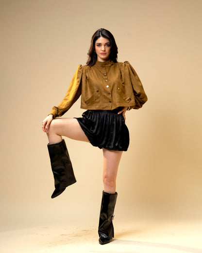 Hazel Stone Black Medium-Waisted Bubble Shorts with Voluminous Silhouette
