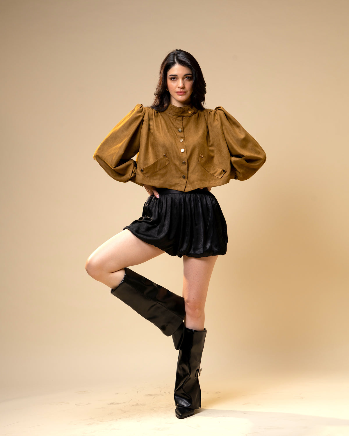 Hazel Stone Black Medium-Waisted Bubble Shorts with Voluminous Silhouette