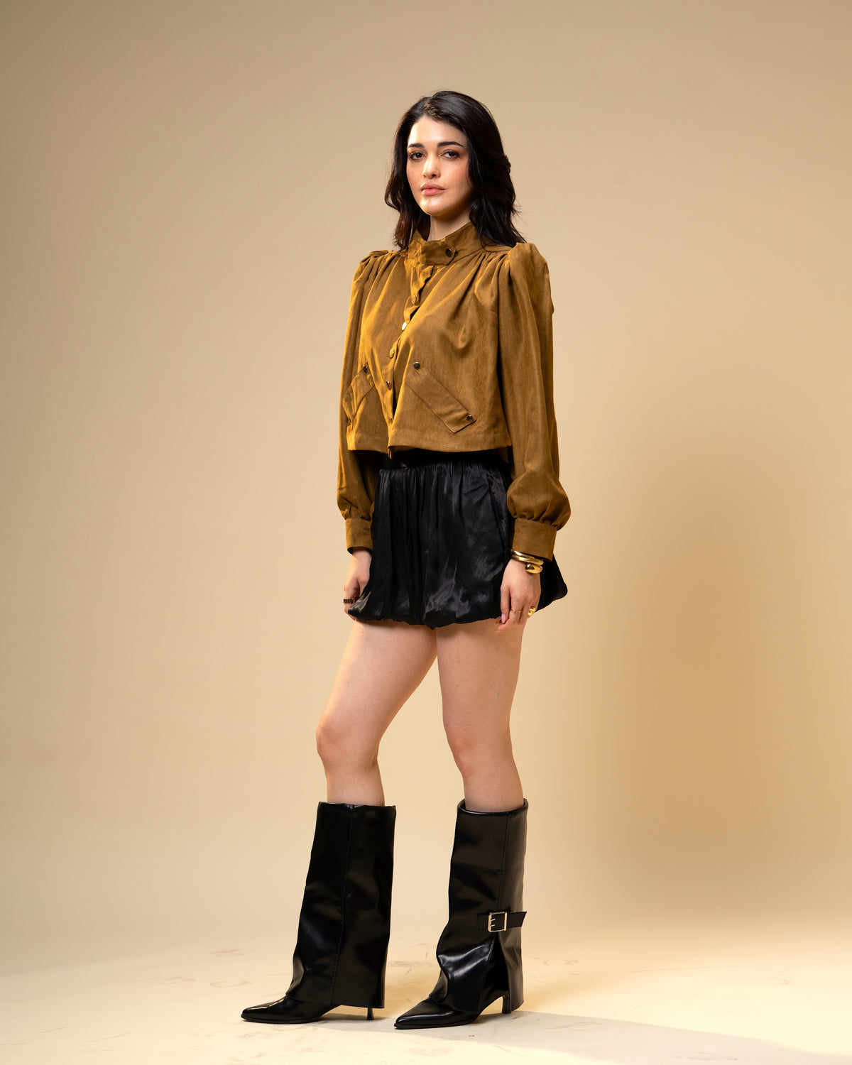Hazel Stone Black Medium-Waisted Bubble Shorts with Voluminous Silhouette