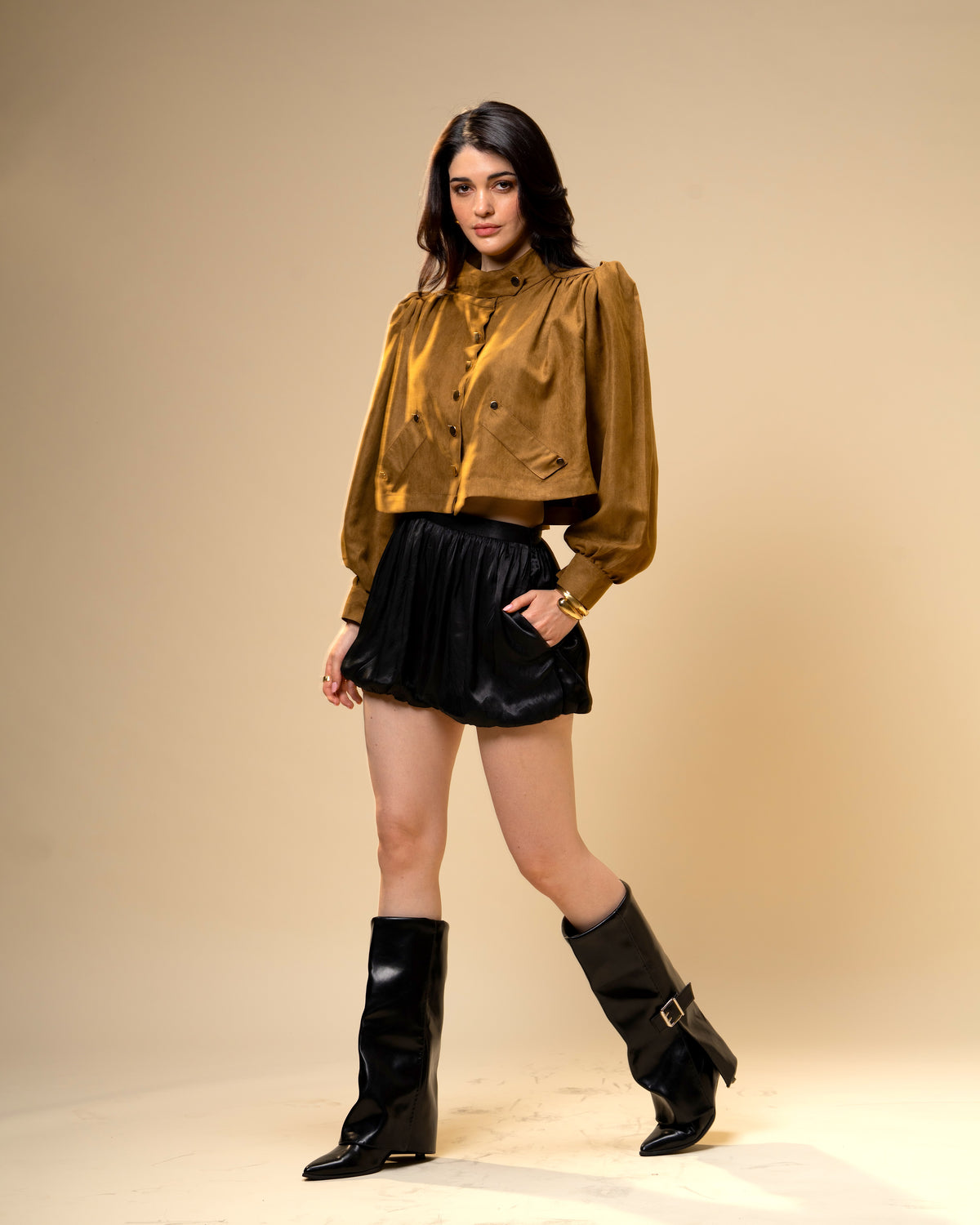 Hazel Stone Black Medium-Waisted Bubble Shorts with Voluminous Silhouette