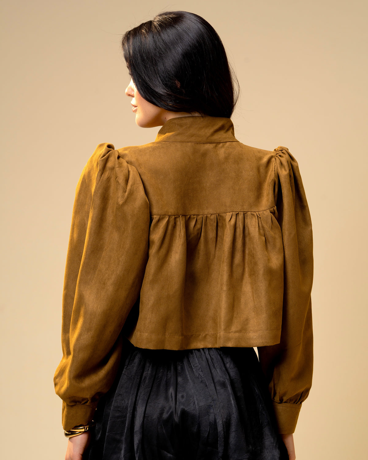 Hazel Stone Olive Brown Cropped Structured Jacket with Gathered Sleeves
