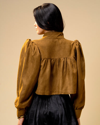 Hazel Stone Olive Brown Cropped Structured Jacket with Gathered Sleeves
