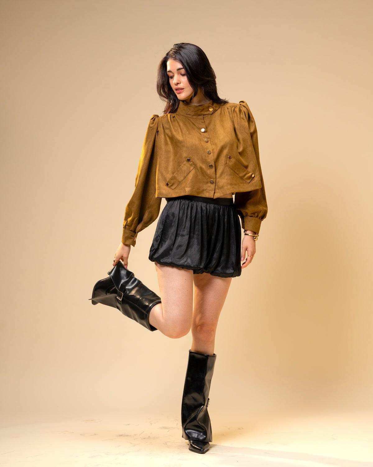 Hazel Stone Black Medium-Waisted Bubble Shorts with Voluminous Silhouette