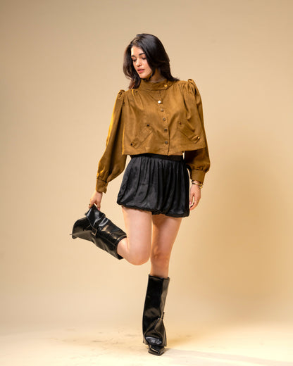 Hazel Stone Black Medium-Waisted Bubble Shorts with Voluminous Silhouette