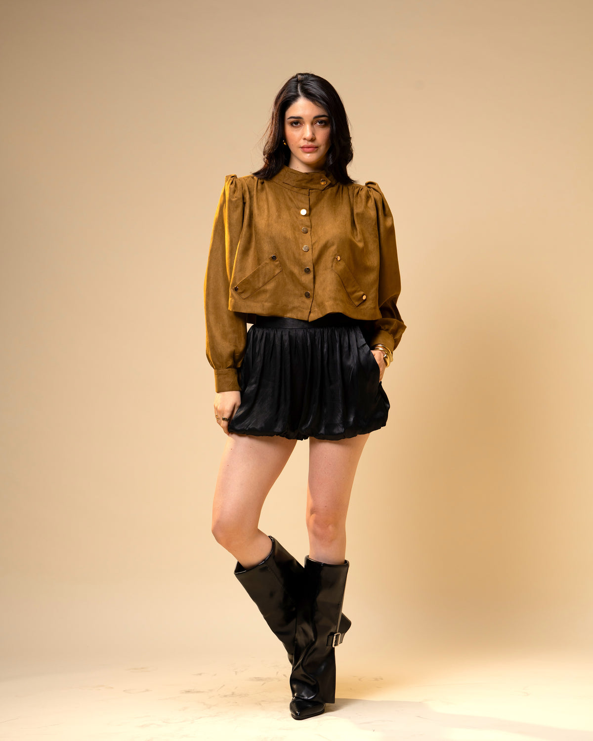 Hazel Stone Black Medium-Waisted Bubble Shorts with Voluminous Silhouette