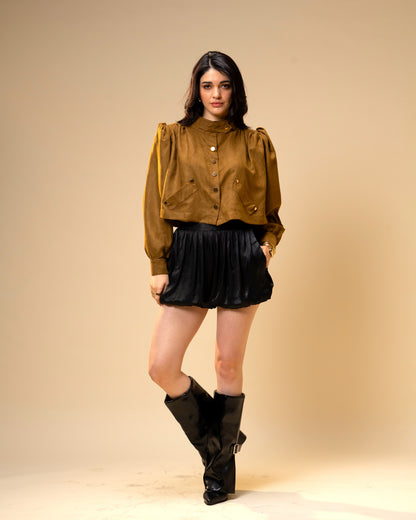 Hazel Stone Black Medium-Waisted Bubble Shorts with Voluminous Silhouette