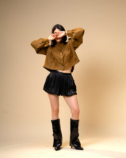 Hazel Stone Black Medium-Waisted Bubble Shorts with Voluminous Silhouette