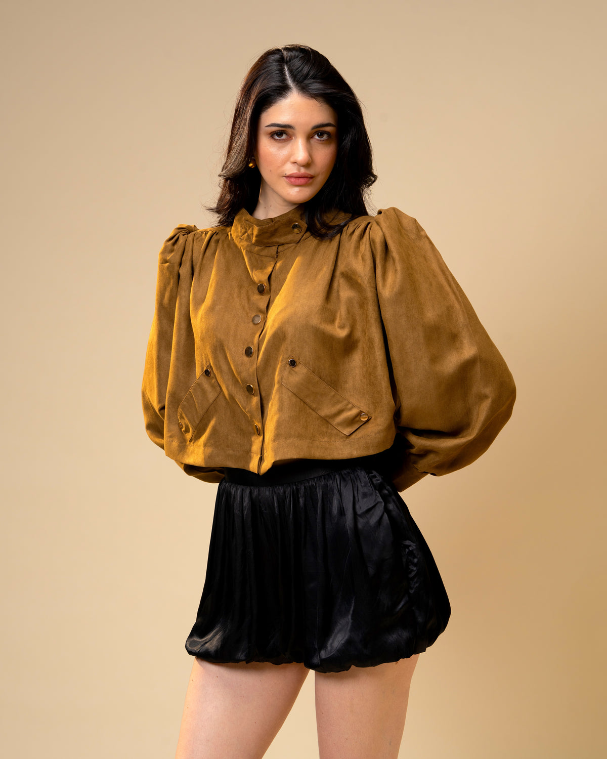 Hazel Stone Black Medium-Waisted Bubble Shorts with Voluminous Silhouette