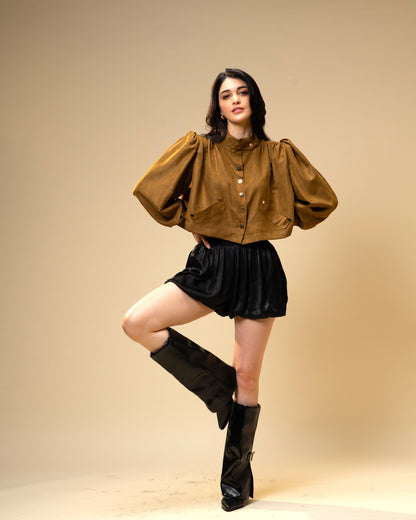 Hazel Stone Olive brown cropped Jacket and Black Bubble Shorts Co-Ord Set