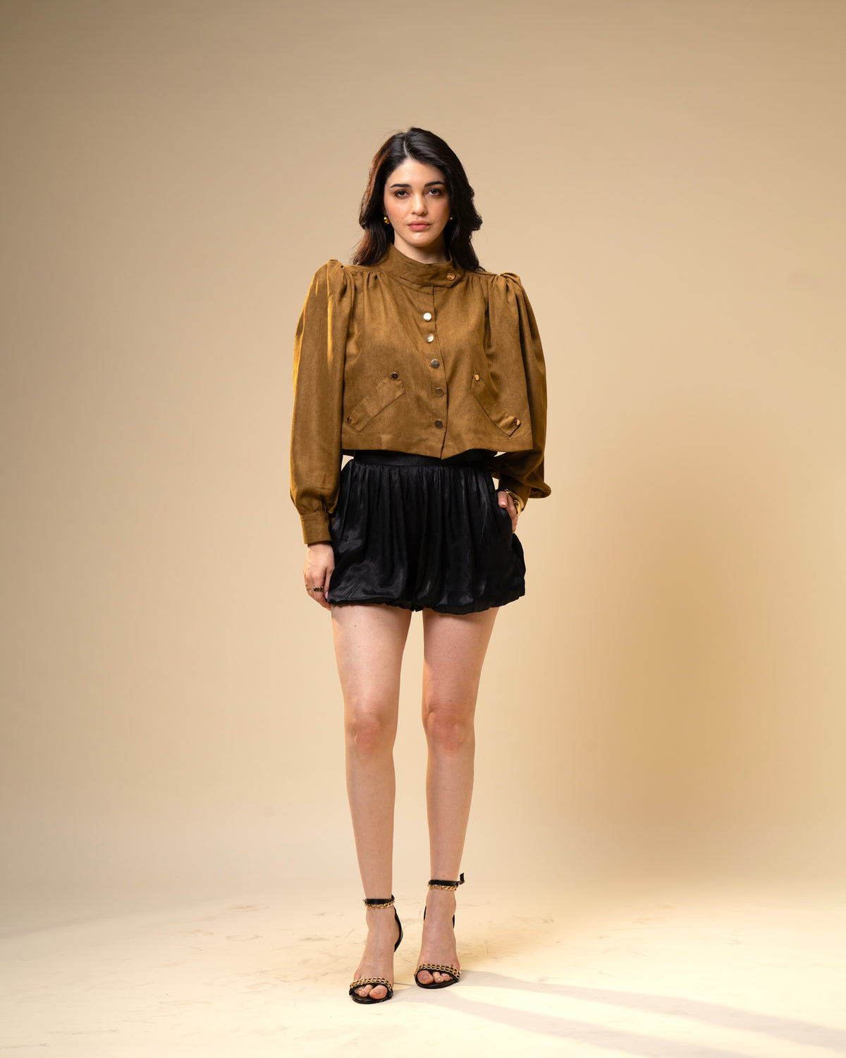 Hazel Stone Black Medium-Waisted Bubble Shorts with Voluminous Silhouette