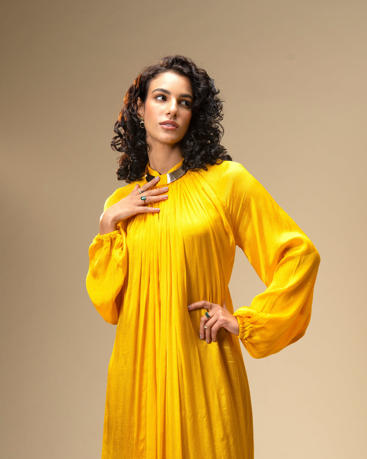 Falling Spell - Sunflower Yellow Chiffon Maxi Dress with Sculptural Gold Neck Detail