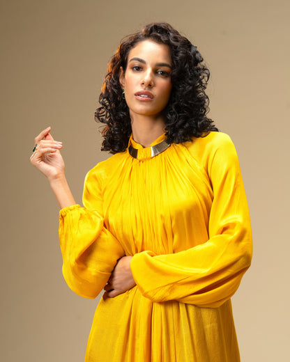 Falling Spell - Sunflower Yellow Chiffon Maxi Dress with Sculptural Gold Neck Detail