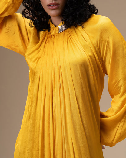 Falling Spell - Sunflower Yellow Chiffon Maxi Dress with Sculptural Gold Neck Detail
