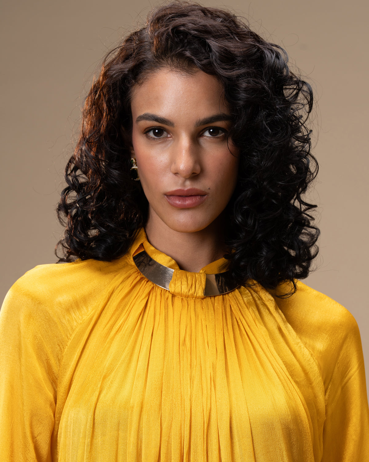 Falling Spell - Sunflower Yellow Chiffon Maxi Dress with Sculptural Gold Neck Detail