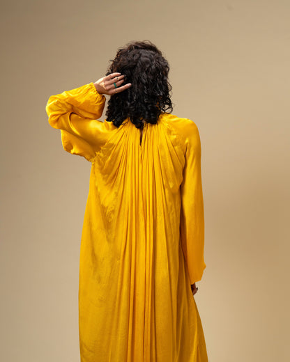 Falling Spell - Sunflower Yellow Chiffon Maxi Dress with Sculptural Gold Neck Detail