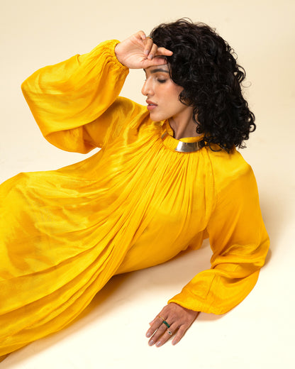 Falling Spell - Sunflower Yellow Chiffon Maxi Dress with Sculptural Gold Neck Detail