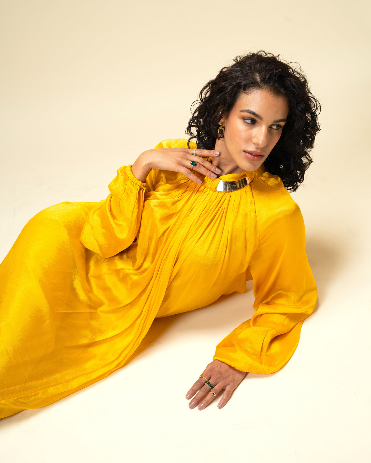 Falling Spell - Sunflower Yellow Chiffon Maxi Dress with Sculptural Gold Neck Detail