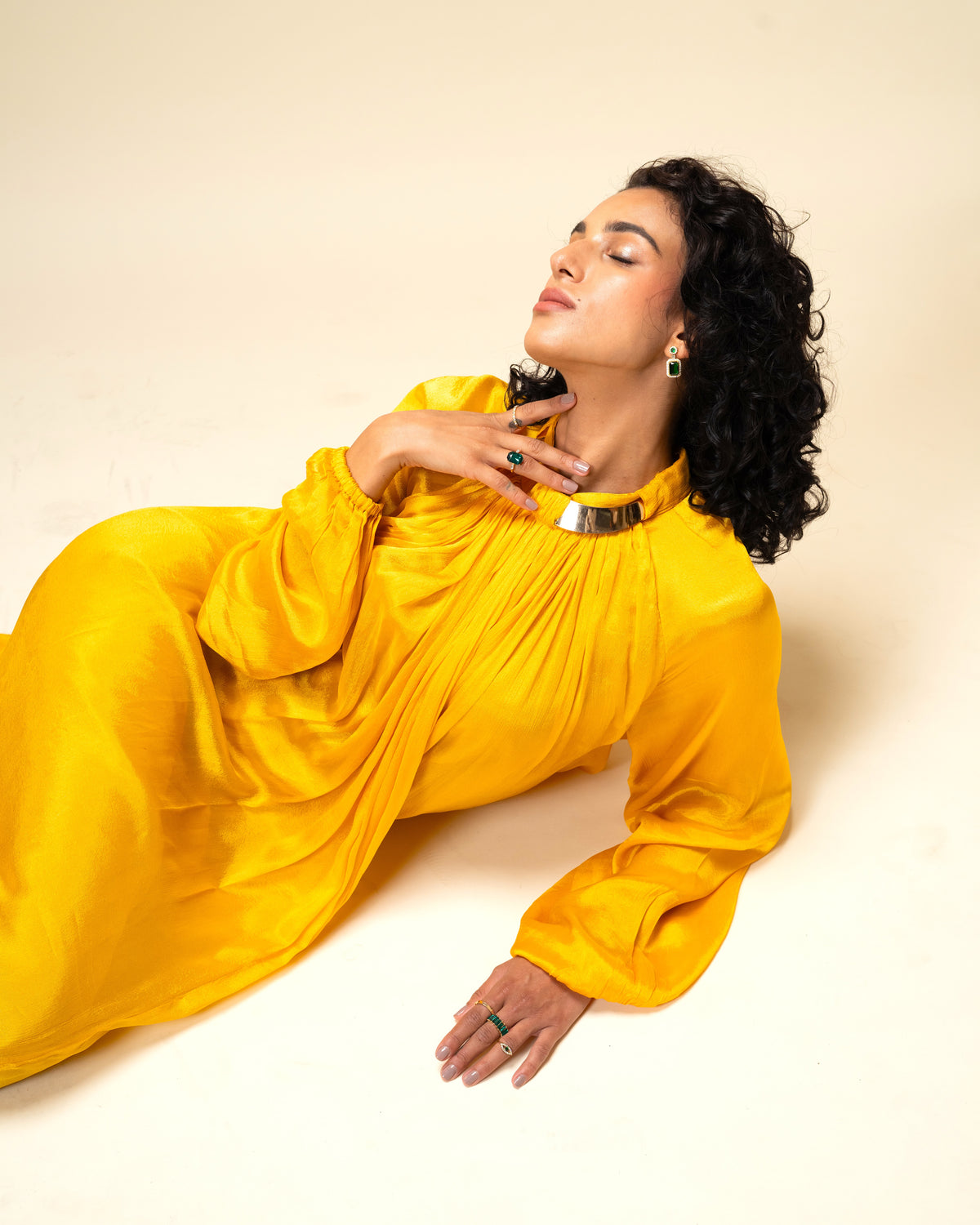 Falling Spell - Sunflower Yellow Chiffon Maxi Dress with Sculptural Gold Neck Detail