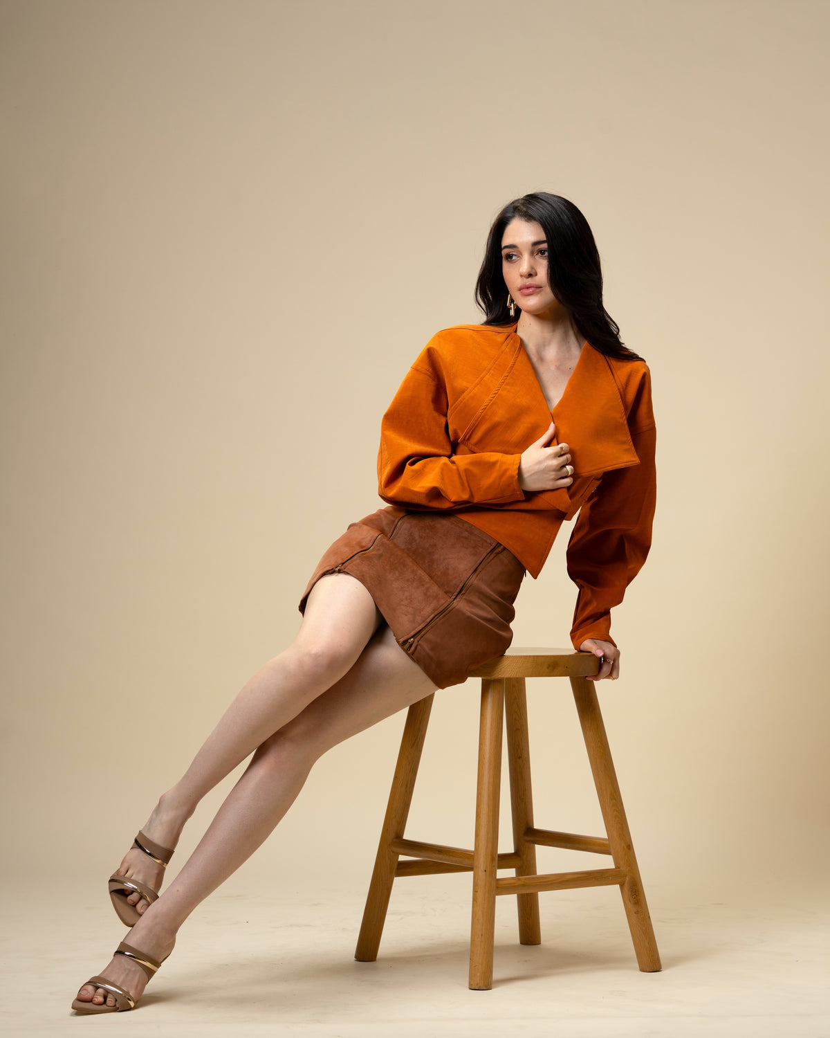 Copper Core Burnt Orange Faux Leather Jacket and Brown Suede Mini Skirt Co-Ord Set