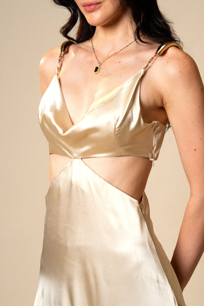 Liquid Gold Champagne Satin Gown with Sculptural Metal Gold Shoulder Detail