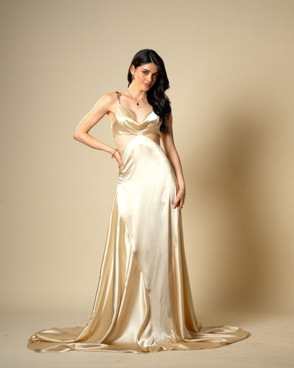Liquid Gold Champagne Satin Gown with Sculptural Metal Gold Shoulder Detail