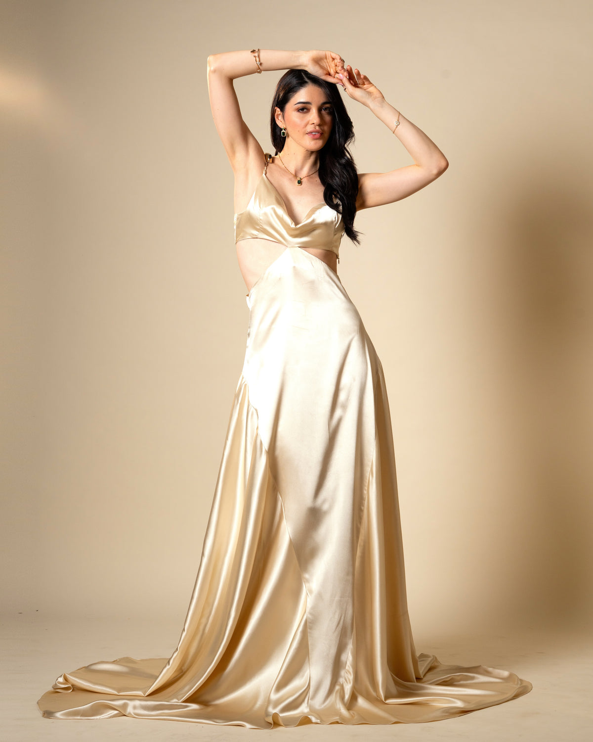 Liquid Gold Champagne Satin Gown with Sculptural Metal Gold Shoulder Detail