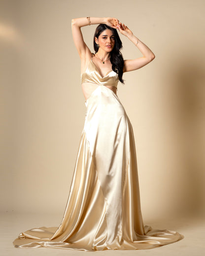 Liquid Gold Champagne Satin Gown with Sculptural Metal Gold Shoulder Detail