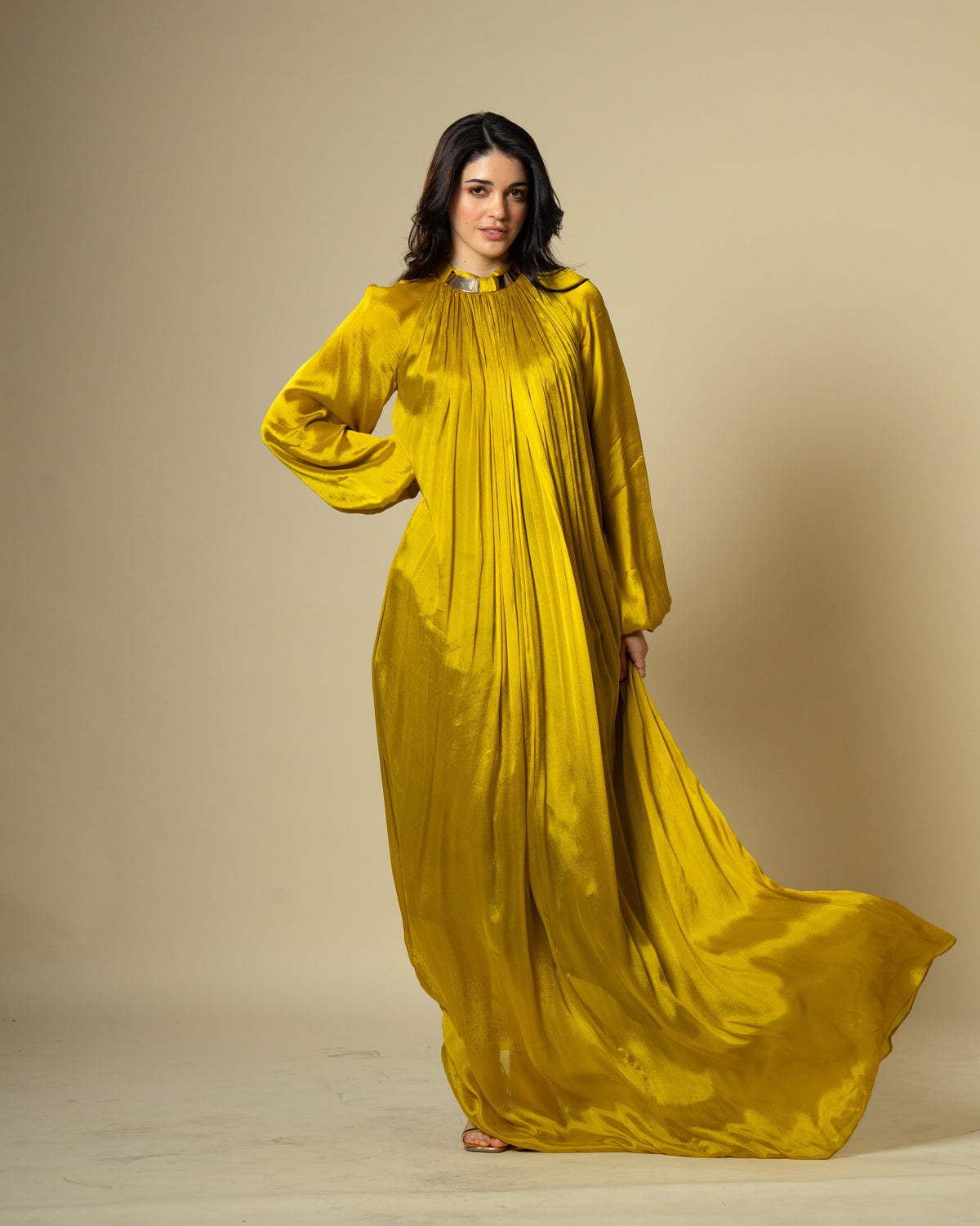 Falling Spell - Green Gold Chiffon Maxi Dress with Sculptural Gold Neck Detail