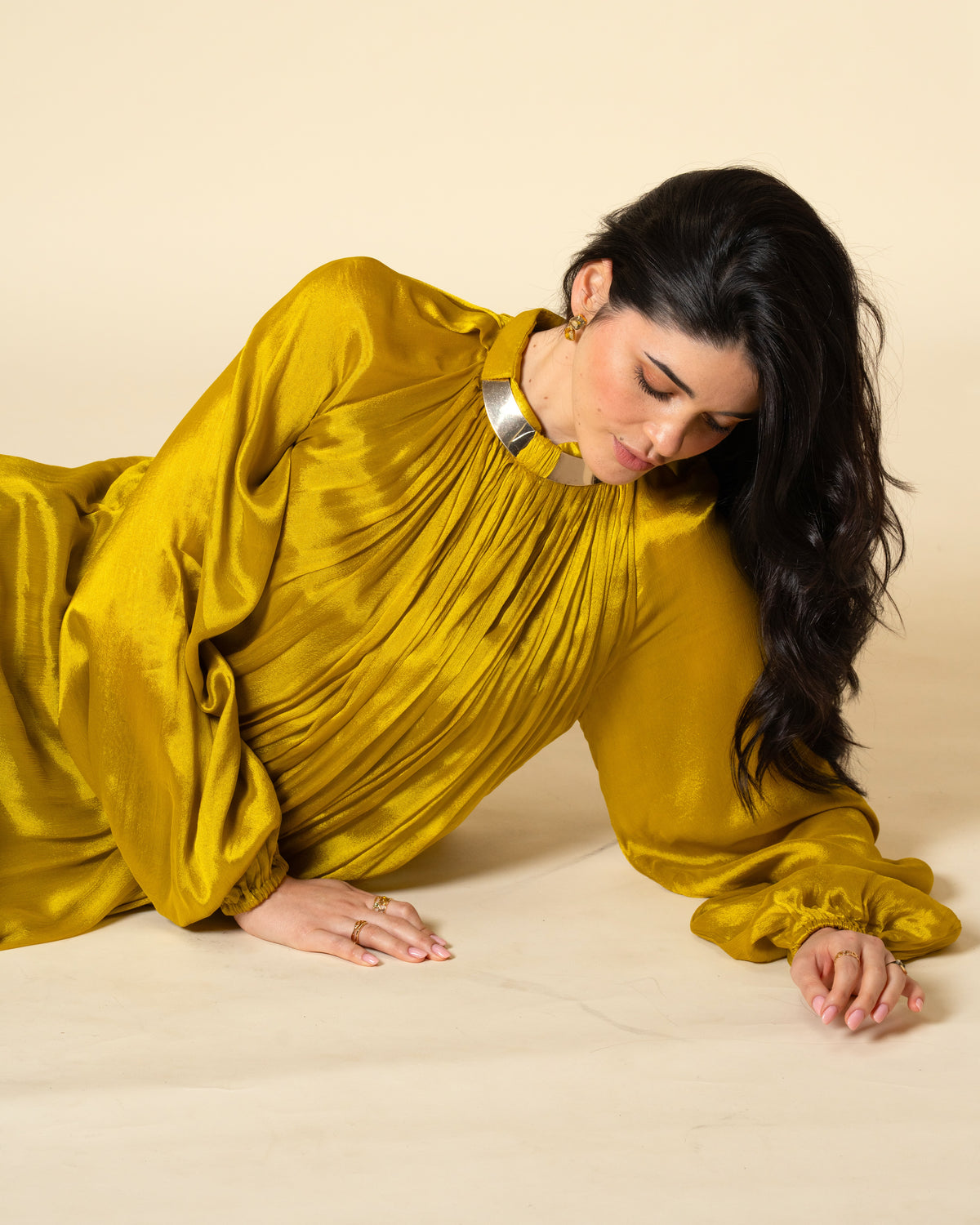 Falling Spell - Green Gold Chiffon Maxi Dress with Sculptural Gold Neck Detail