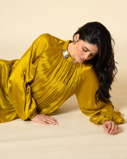 Falling Spell - Green Gold Chiffon Maxi Dress with Sculptural Gold Neck Detail