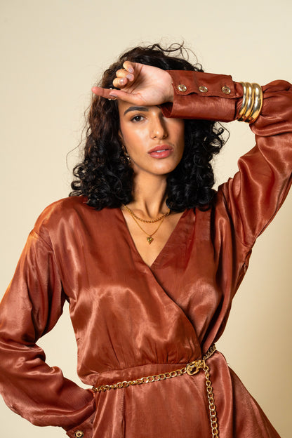 Bronze Spell Rich Brown Premium Satin Wrap Style Dress with Gold Chain Belt