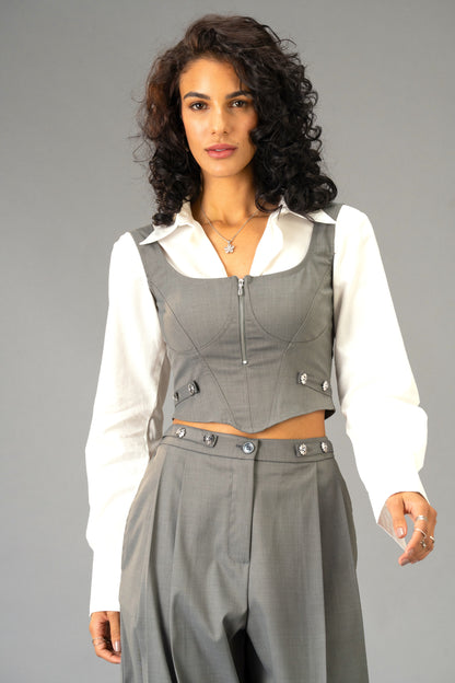 Silver State Grey 3-piece Co-Ord Set - Corset Top, Cropped White Shirt and Wide Leg Trousers