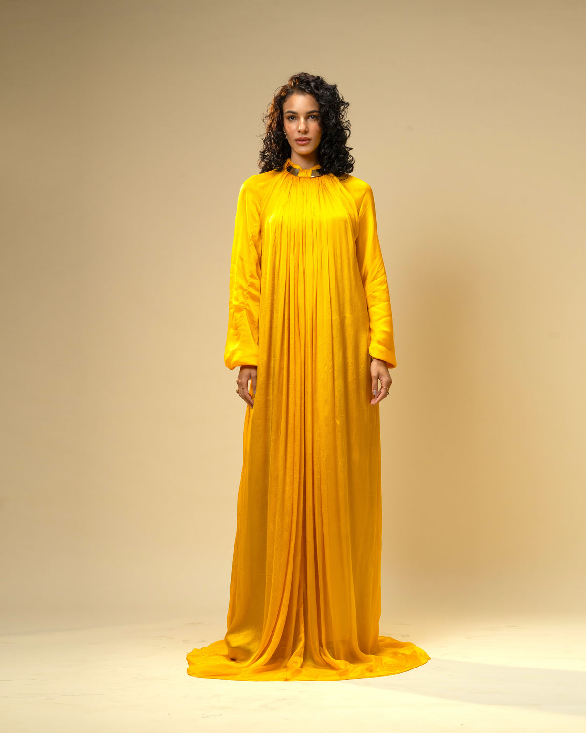 Falling Spell - Sunflower Yellow Chiffon Maxi Dress with Sculptural Gold Neck Detail