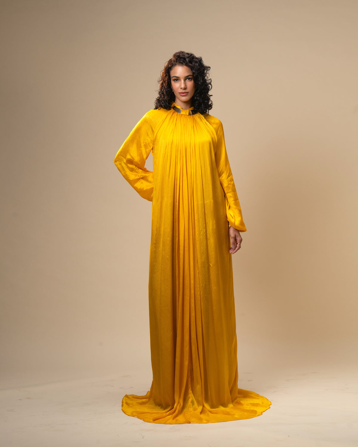 Falling Spell - Sunflower Yellow Chiffon Maxi Dress with Sculptural Gold Neck Detail