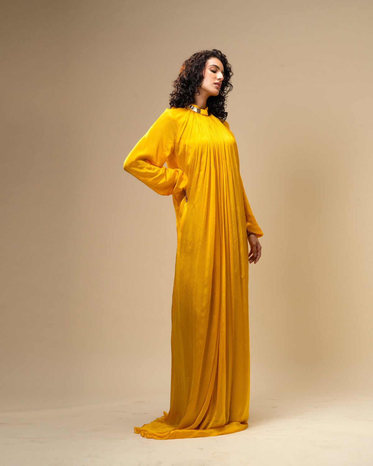Falling Spell - Sunflower Yellow Chiffon Maxi Dress with Sculptural Gold Neck Detail