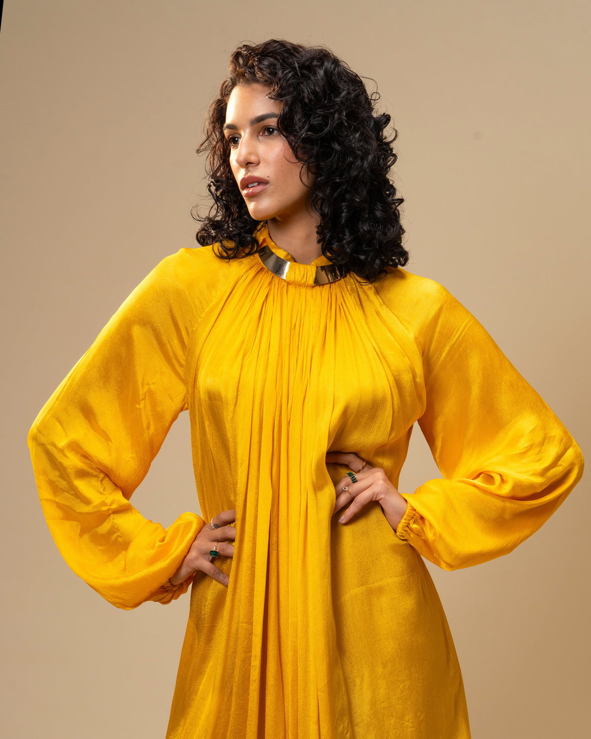 Falling Spell - Sunflower Yellow Chiffon Maxi Dress with Sculptural Gold Neck Detail