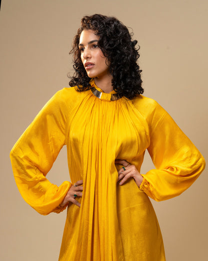 Falling Spell - Sunflower Yellow Chiffon Maxi Dress with Sculptural Gold Neck Detail
