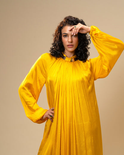 Falling Spell - Sunflower Yellow Chiffon Maxi Dress with Sculptural Gold Neck Detail
