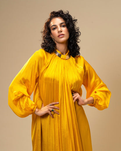 Falling Spell - Sunflower Yellow Chiffon Maxi Dress with Sculptural Gold Neck Detail