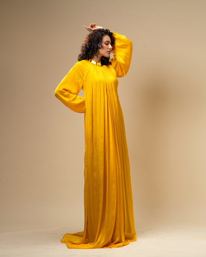 Falling Spell - Sunflower Yellow Chiffon Maxi Dress with Sculptural Gold Neck Detail