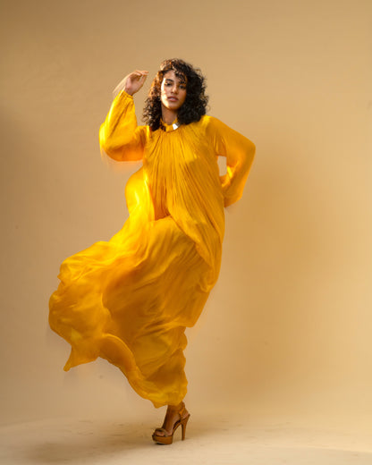 Falling Spell - Sunflower Yellow Chiffon Maxi Dress with Sculptural Gold Neck Detail