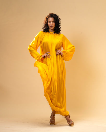 Falling Spell - Sunflower Yellow Chiffon Maxi Dress with Sculptural Gold Neck Detail