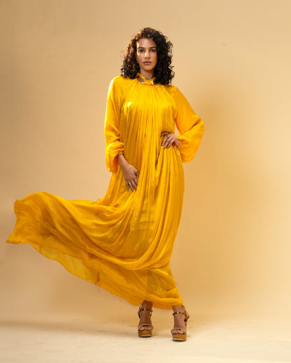 Falling Spell - Sunflower Yellow Chiffon Maxi Dress with Sculptural Gold Neck Detail