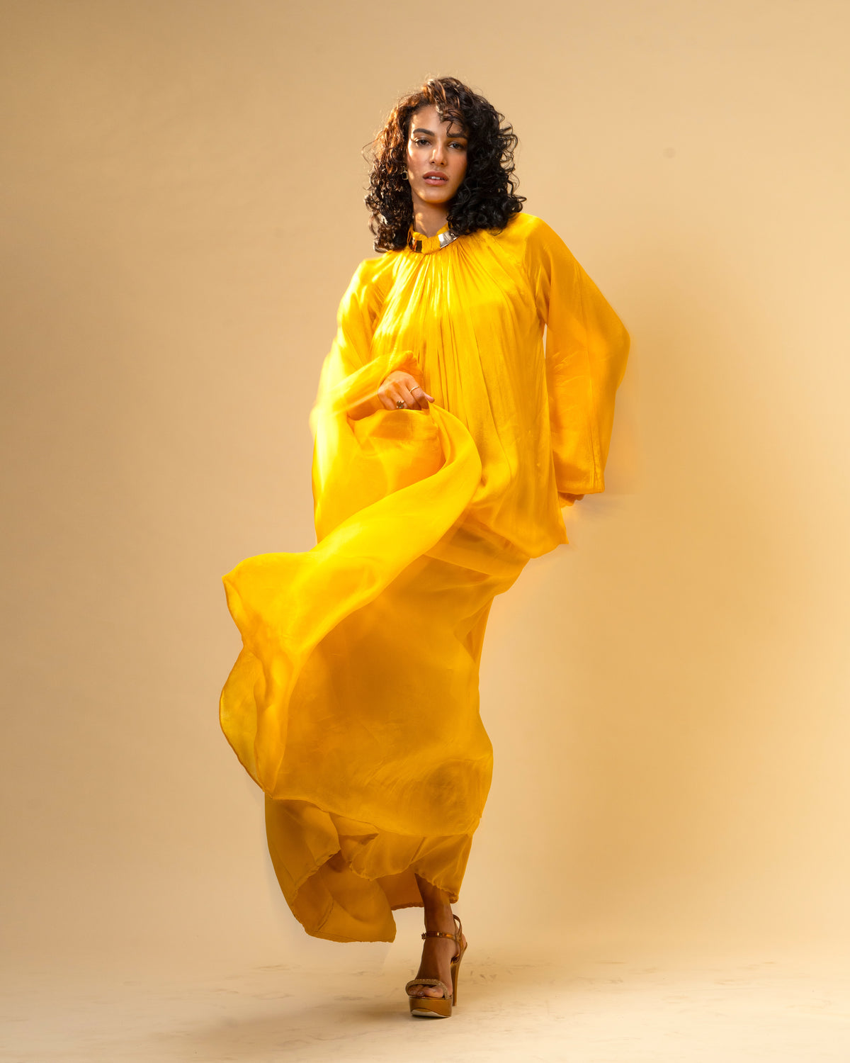 Falling Spell - Sunflower Yellow Chiffon Maxi Dress with Sculptural Gold Neck Detail