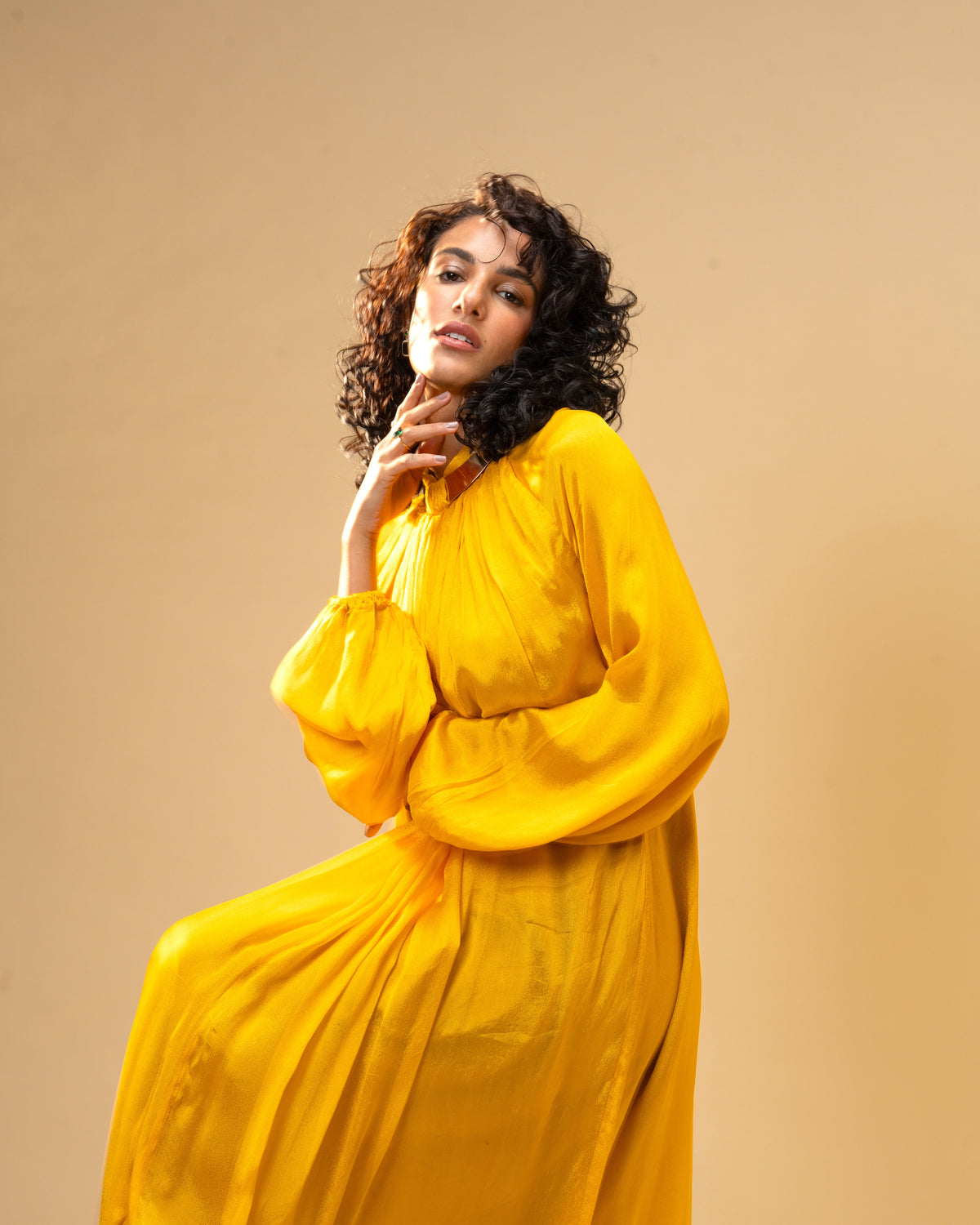 Falling Spell - Sunflower Yellow Chiffon Maxi Dress with Sculptural Gold Neck Detail